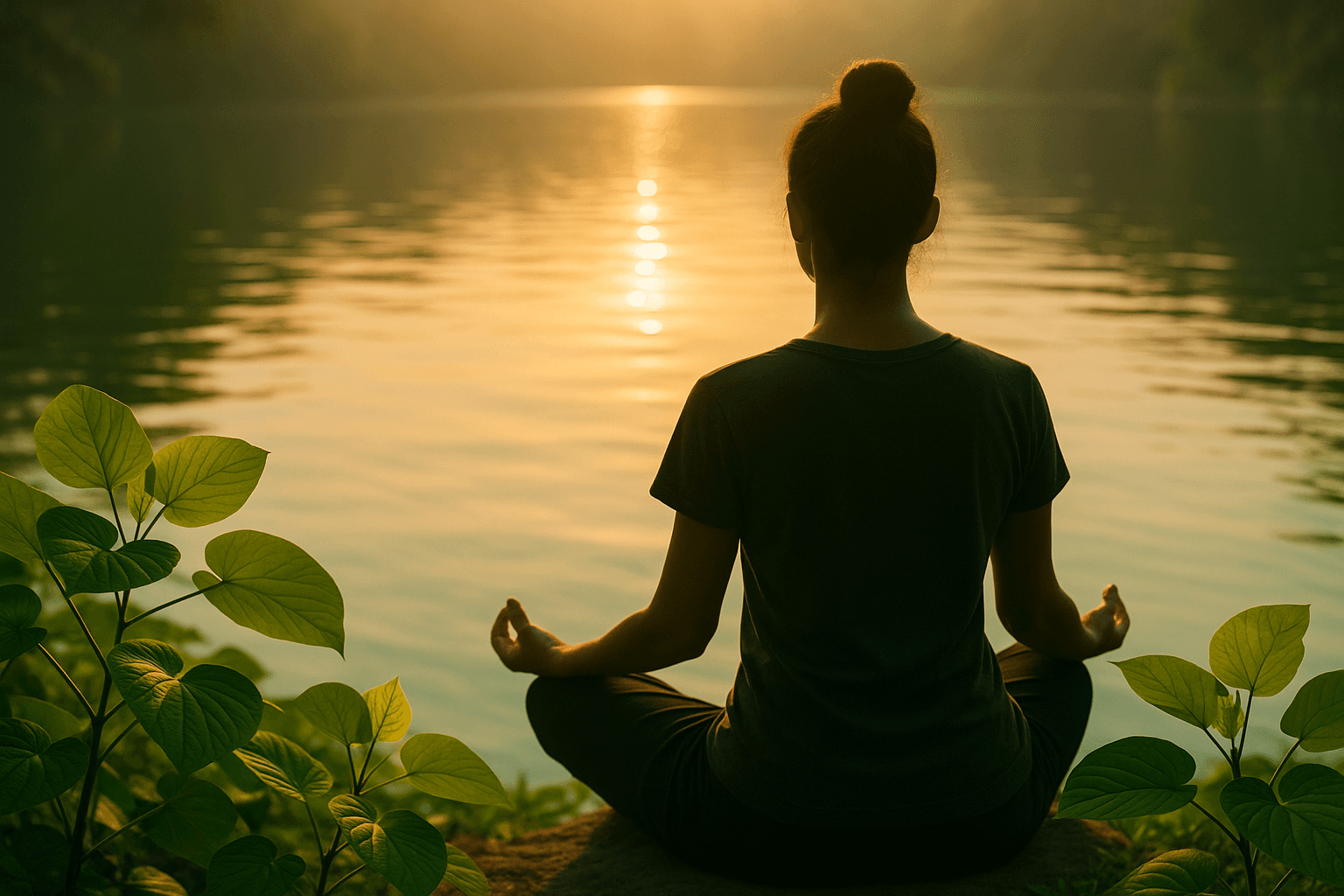 Calm meditation scene by tranquil lake