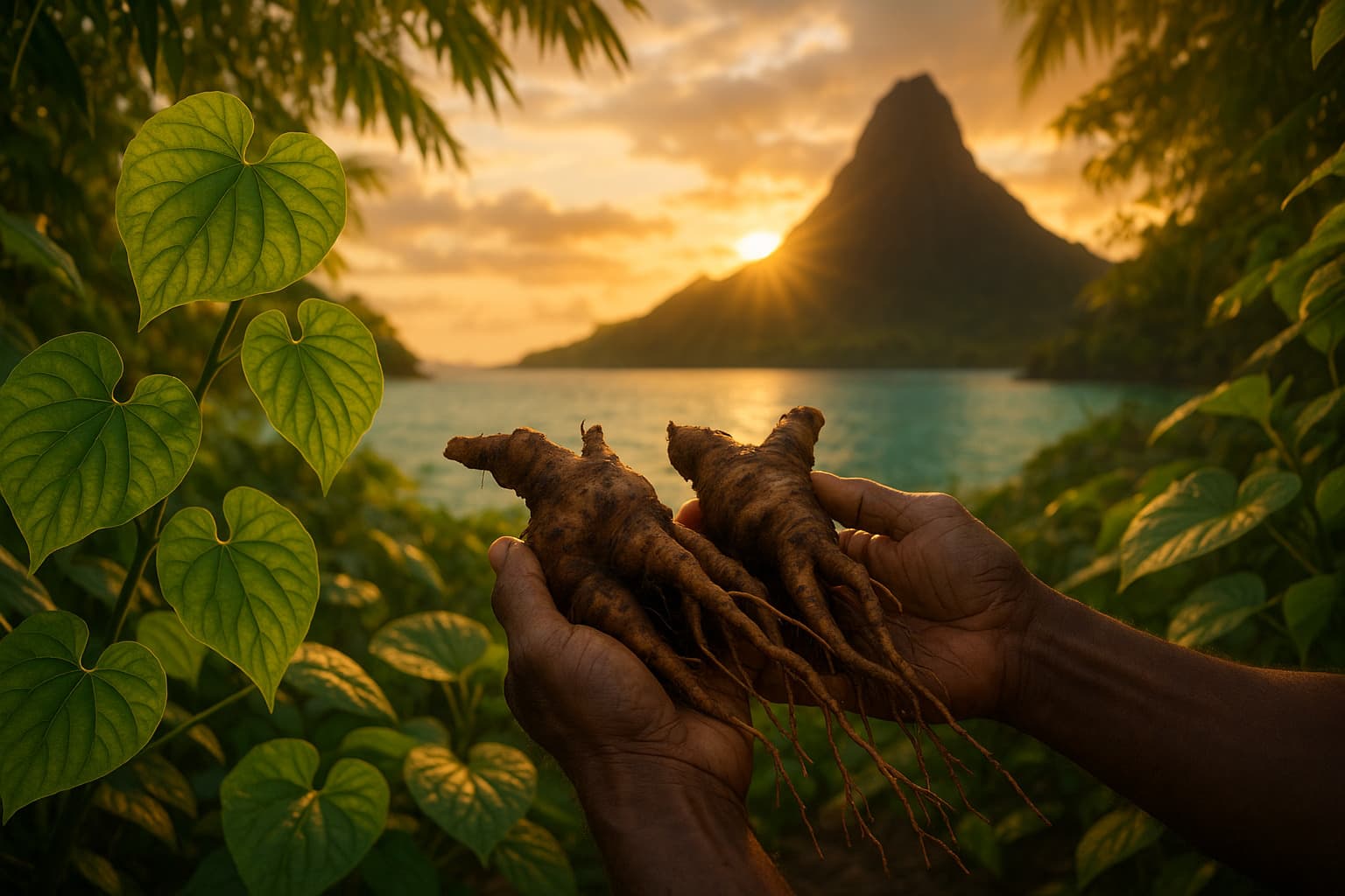 Pacific island kava plantation at golden hour
