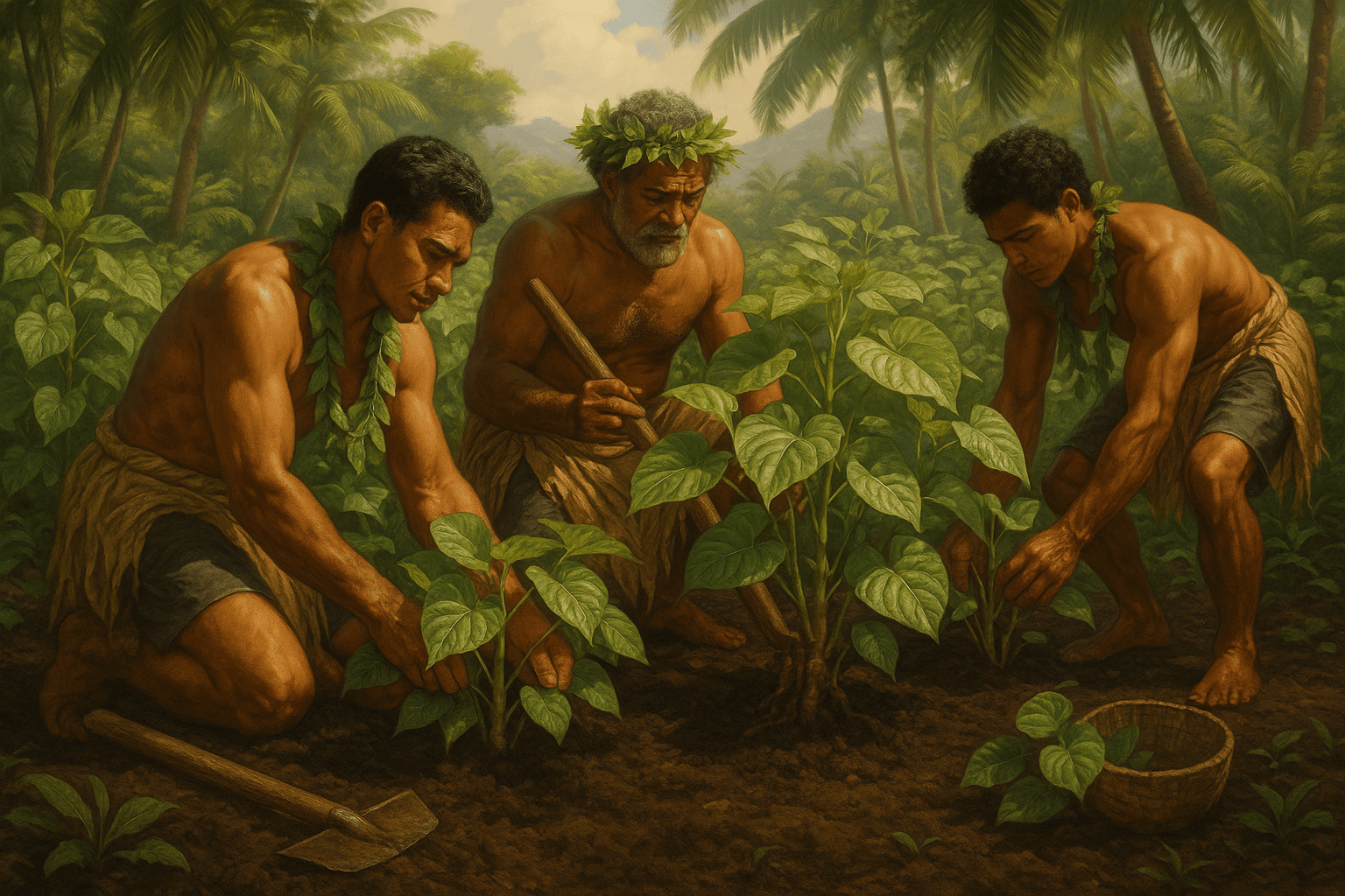 Traditional Pacific island farmers working with kava plants