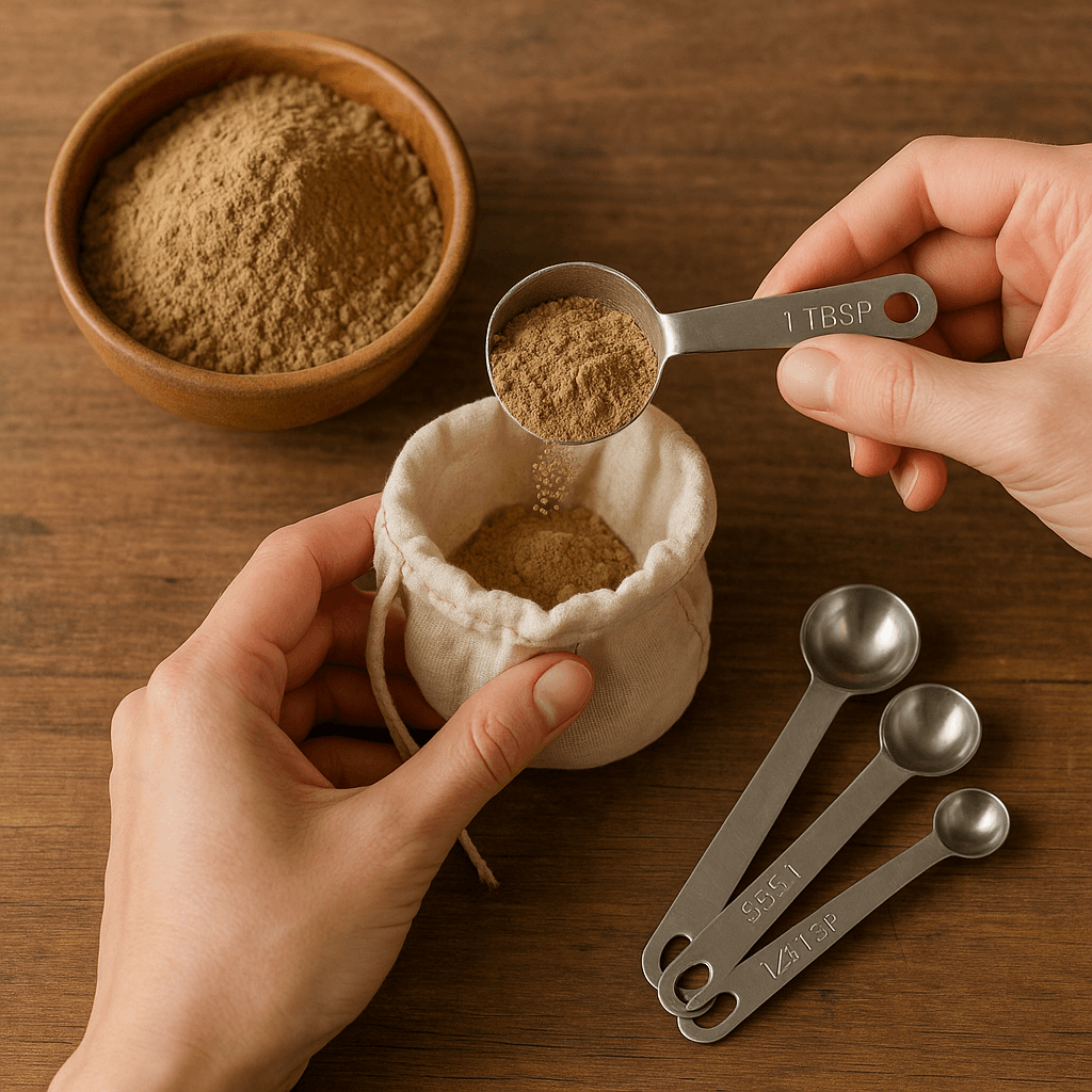 Measuring kava powder with tablespoon