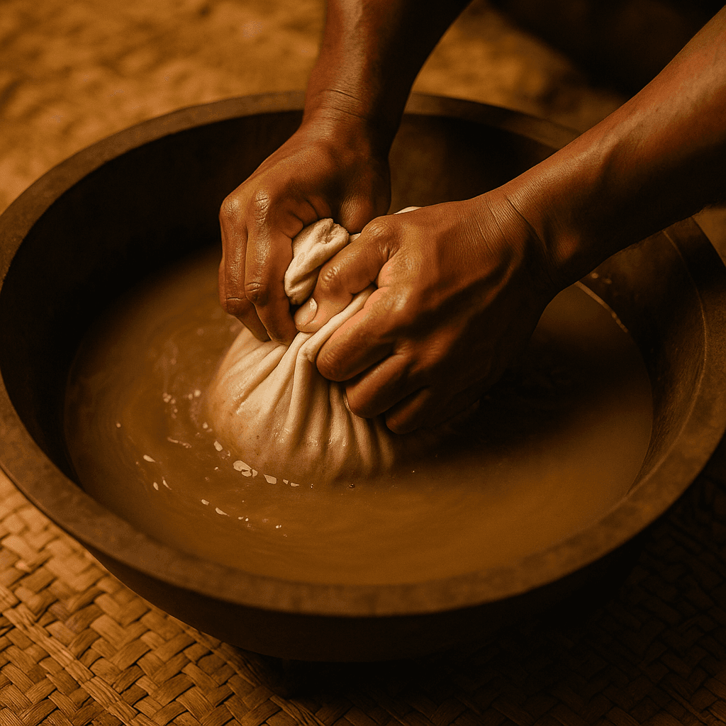 Mixing kava in wooden bowl