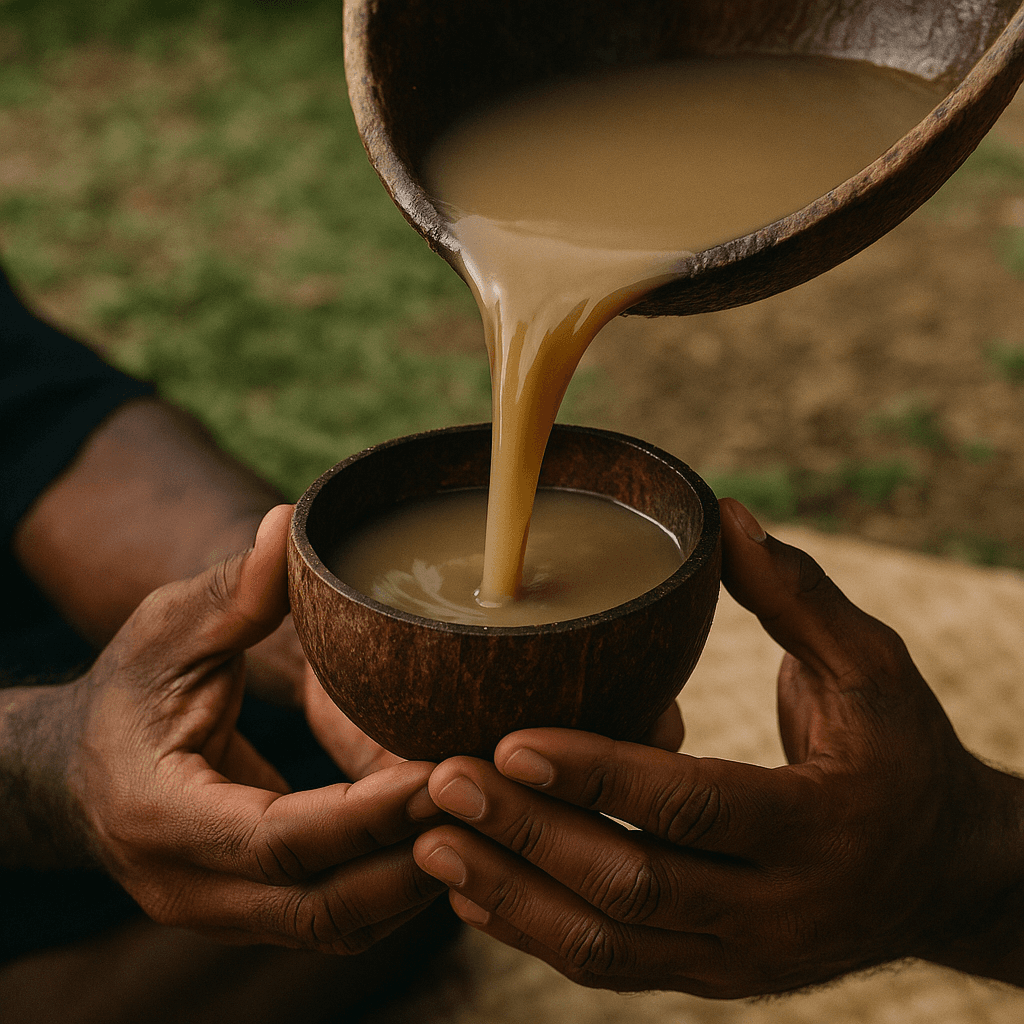 Pouring kava into coconut cup