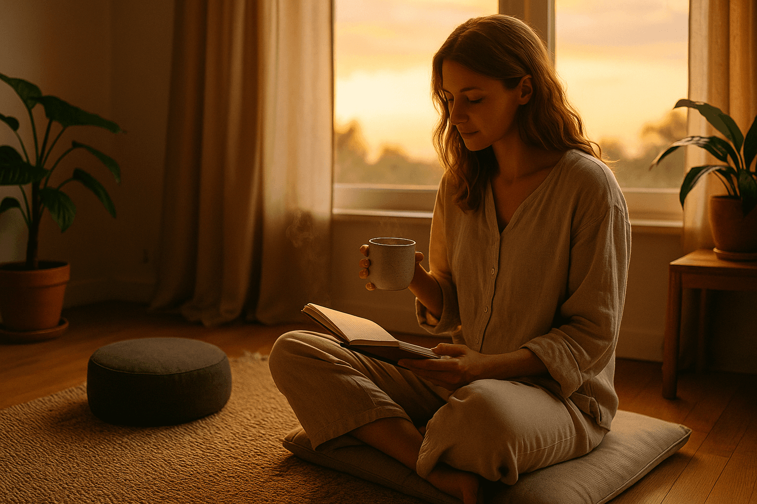 Peaceful evening ritual with person reading and journaling