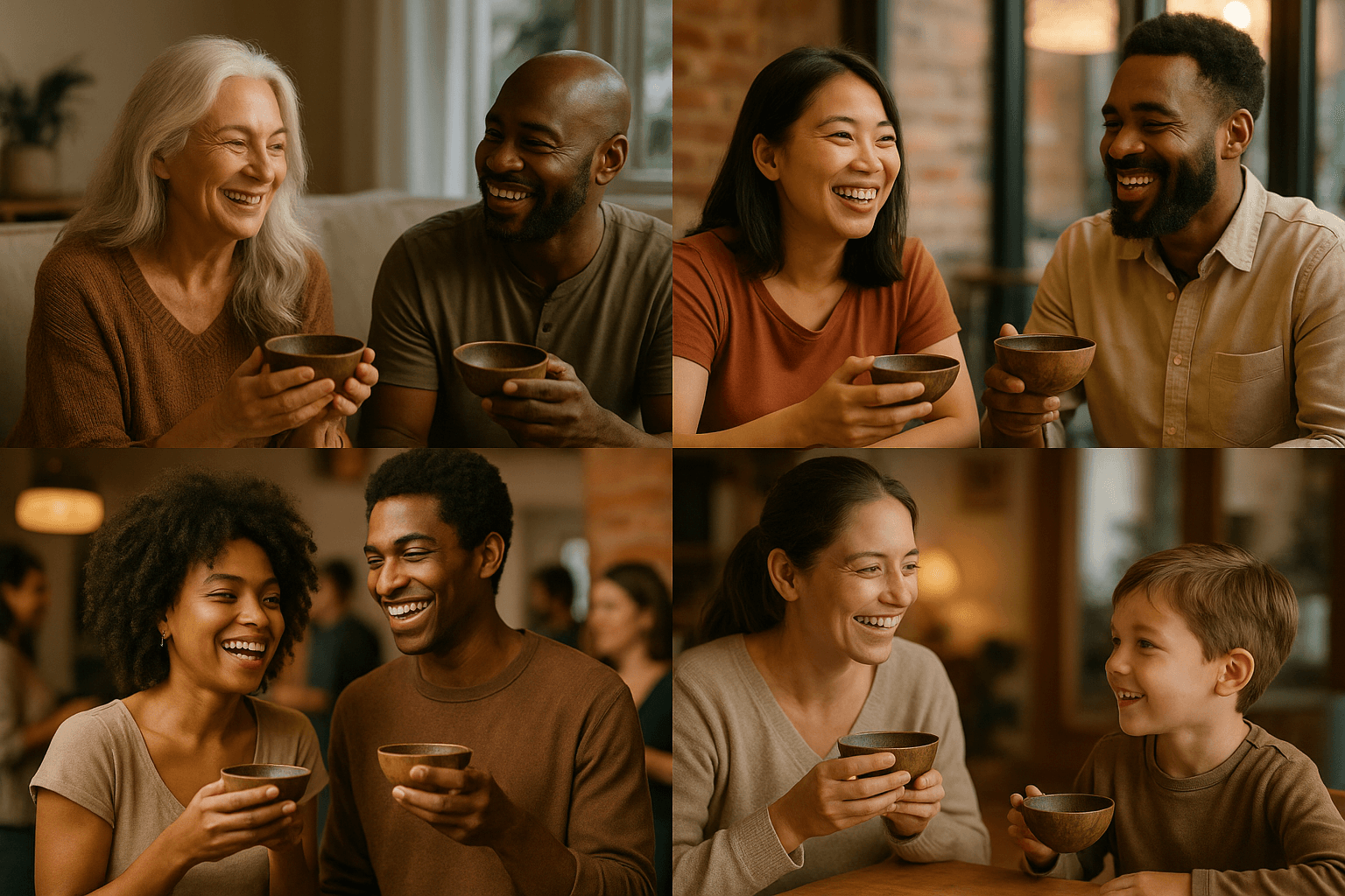 Diverse happy customers enjoying kava in modern settings