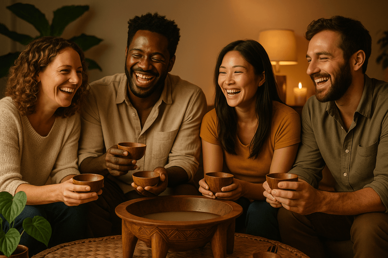 Friends gathering around kava bowl in modern setting